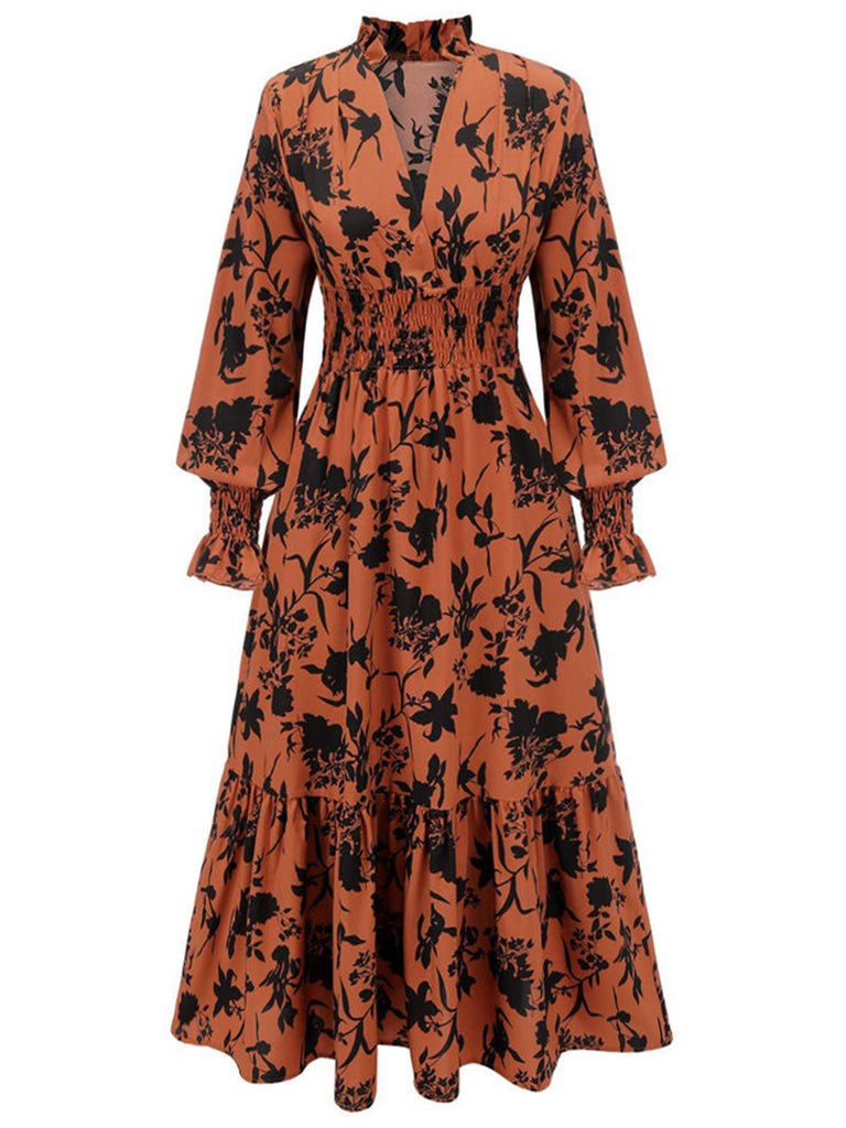 Orange 1950s Floral V-Neck High Waist Dress