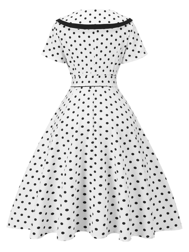 White 1940s Polka Dot Lapel Dress