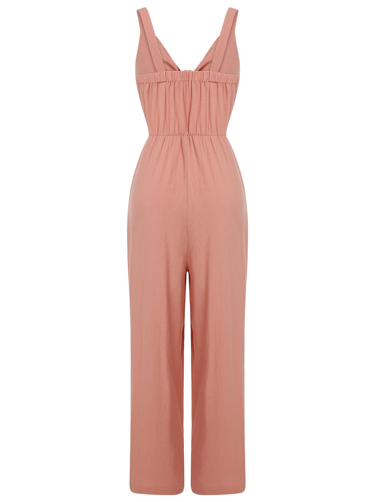 Pink 1930s Solid Strap Lace-up Jumpsuit