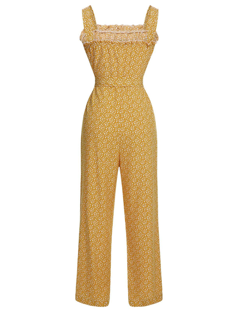 Yellow 1930s Floral Ruffles Tie Jumpsuit