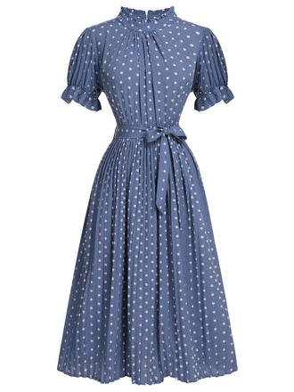 [US Warehouse] Blue 1930s Polka Dots Bow Tie Pleated Dress