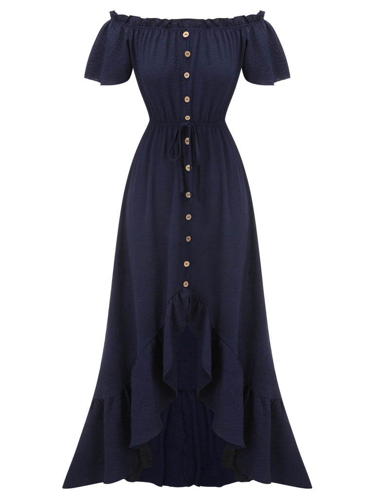 1930s Navy Blue One-Shoulder Button Long Dress