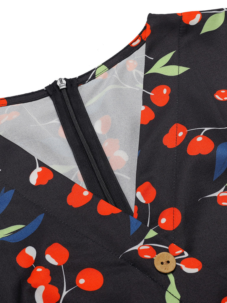 [Pre-Sale] Black 1940s Cherry V-Neck Added Button Dress