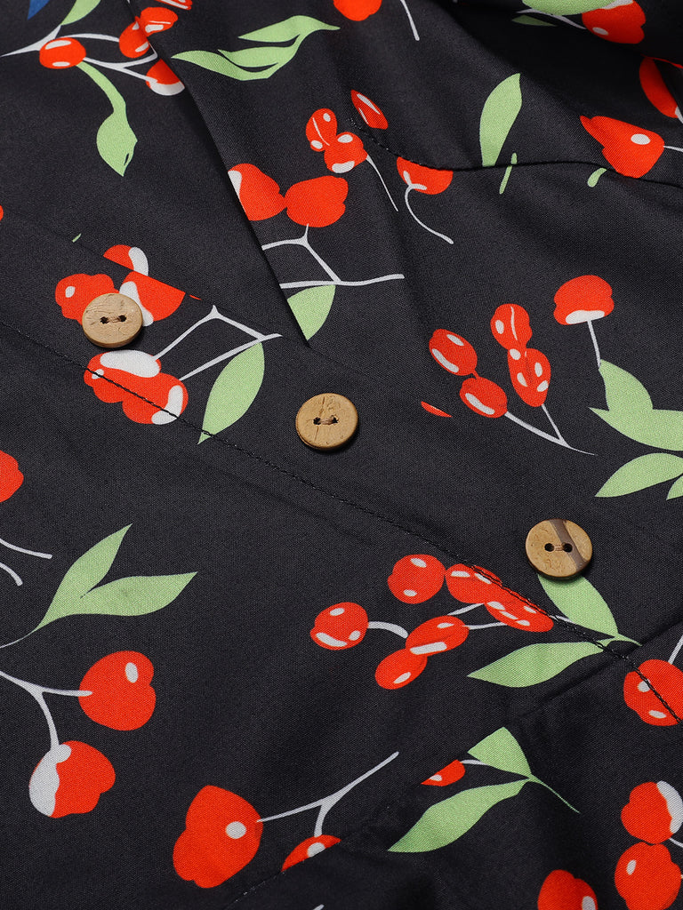 [Pre-Sale] Black 1940s Cherry V-Neck Added Button Dress