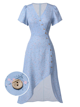 Blue 1940s Floral V-Neck Added Button Dress