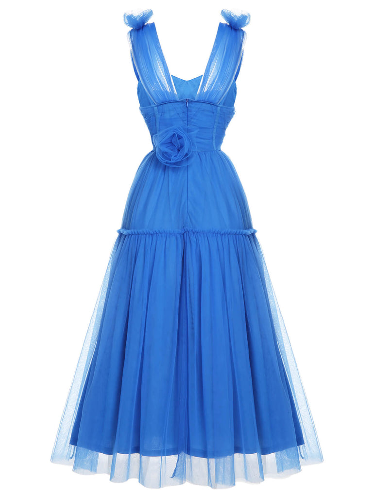 1950S Blue Solid Mesh Sleeveless Dress