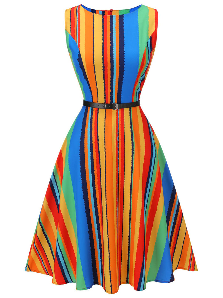 Multi 1950s Stripe Crew Dress With Belt