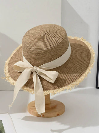 Bow Flat-Top Straw Wide-Brim Sun Hat