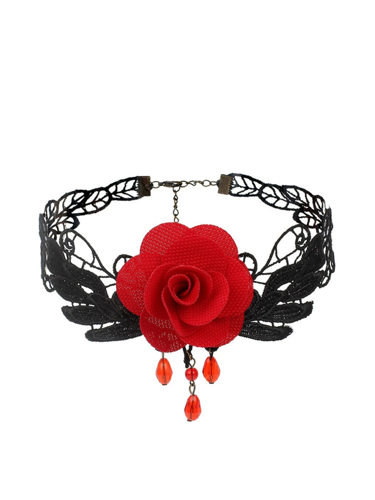 Gothic 3D Rose & Embroidered Lace Choker Necklace