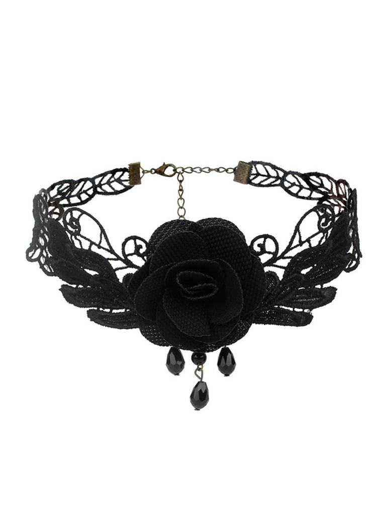 Gothic 3D Rose & Embroidered Lace Choker Necklace