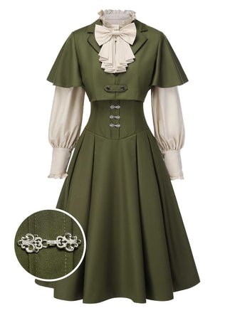 [Pre-Sale] 2PCS Green 1950s Victorian Bow Tie Dress & Cropped Cape