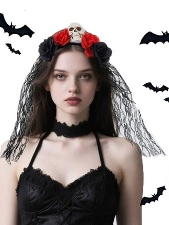 Vintage 3D Skull Roses Lace Veil Headband