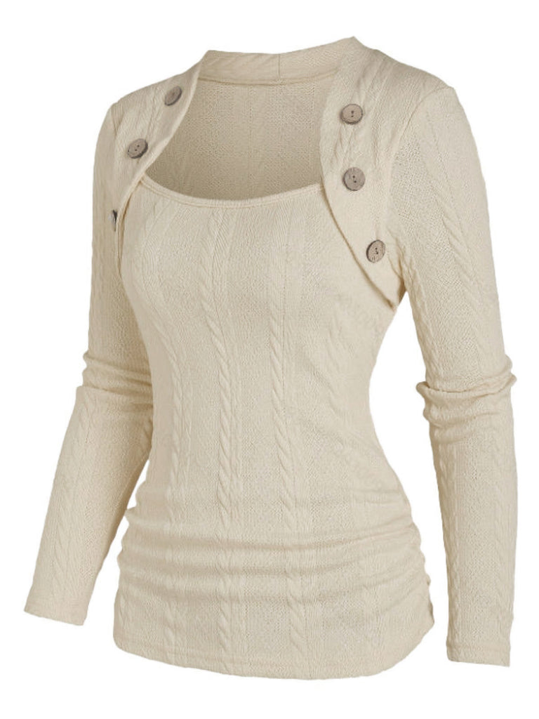 Beige 1960s Solid Faux Button Knitted Sweater