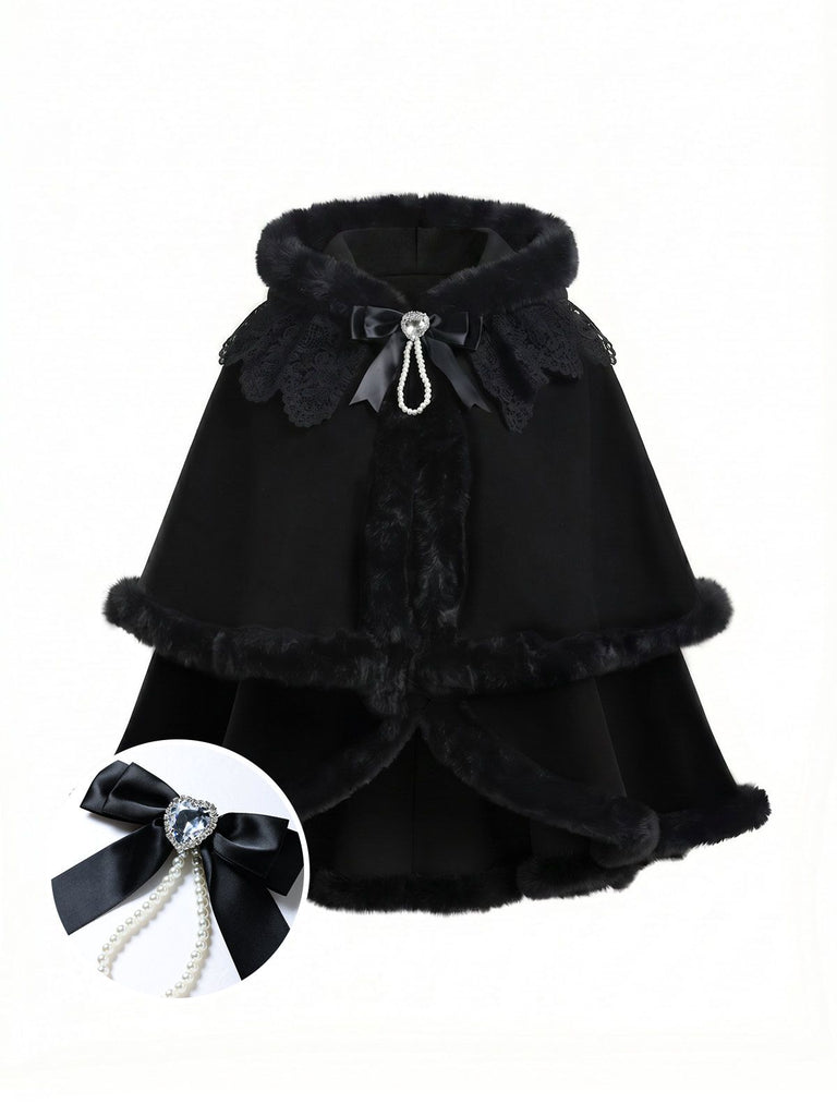 [Pre-Sale] 1960s Black Cat Lace Plush Trim Hooded Cloak