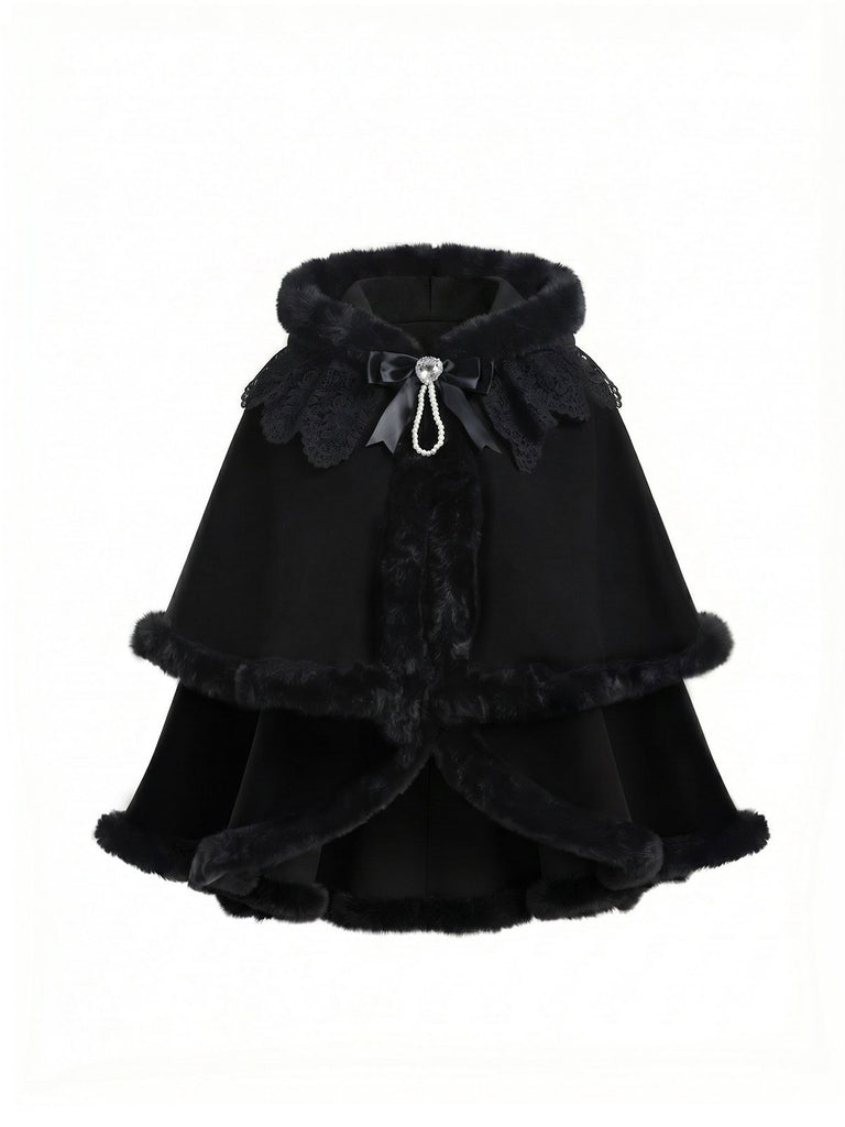 [Pre-Sale] 1960s Black Cat Lace Plush Trim Hooded Cloak