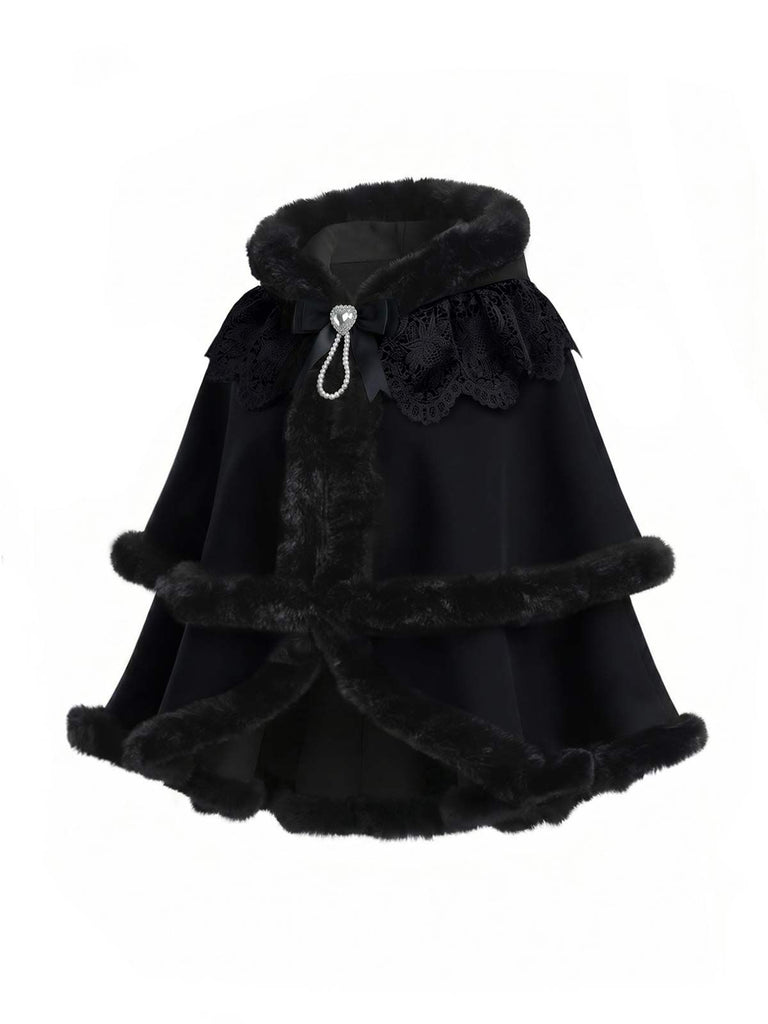 [Pre-Sale] 1960s Black Cat Lace Plush Trim Hooded Cloak