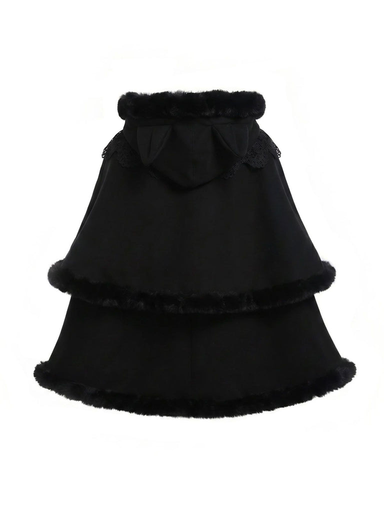 [Pre-Sale] 1960s Black Cat Lace Plush Trim Hooded Cloak