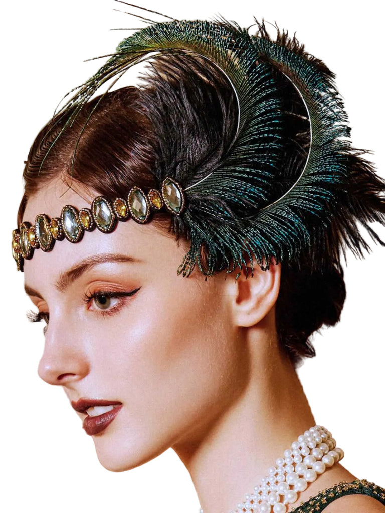 1920s Gatsby Peacock Feather Rhinestone Headband