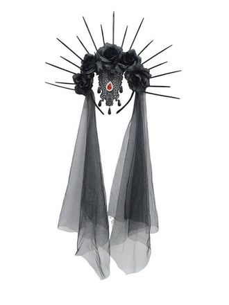 Black Gothic Rose Veil Headpiece with Spikes
