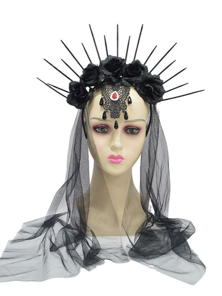Black Gothic Rose Veil Headpiece with Spikes
