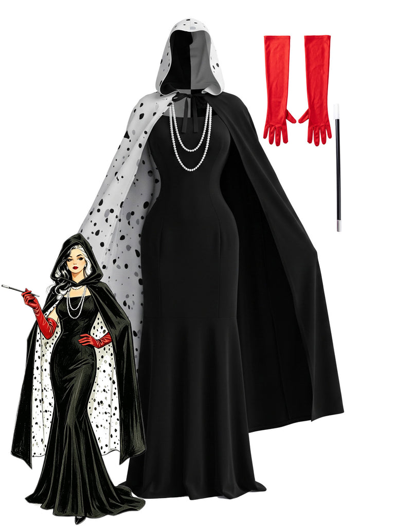 2PCS 1930s Cruella Inspired Polka Dot Cape Dress Set