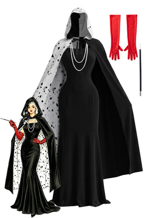 2PCS 1930s Cruella Inspired Polka Dot Cape Dress Set