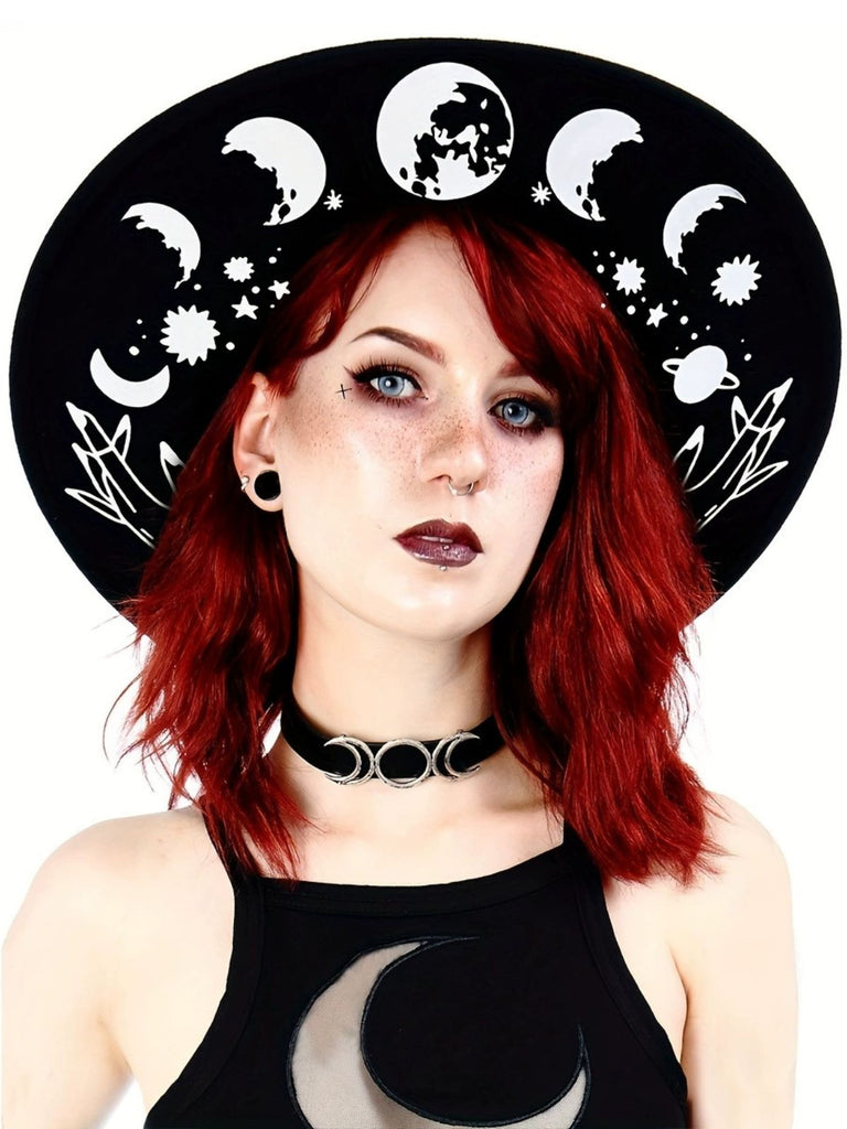 Gothic Witch Hat with Pink Cross Print - 1