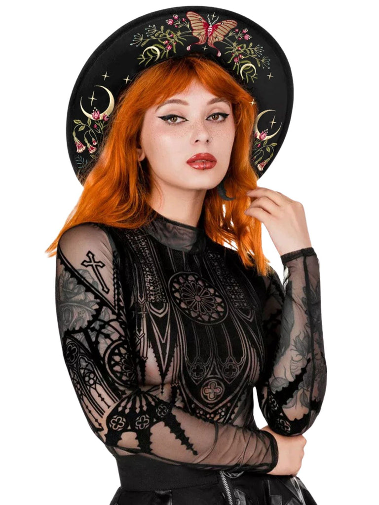 Gothic Witch Hat with Pink Cross Print - 2
