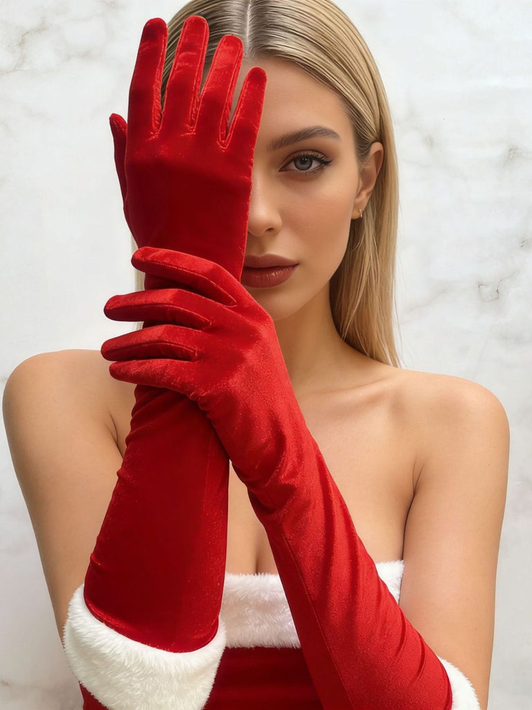 Velvet Feather Trim Over Elbow Gloves 8
