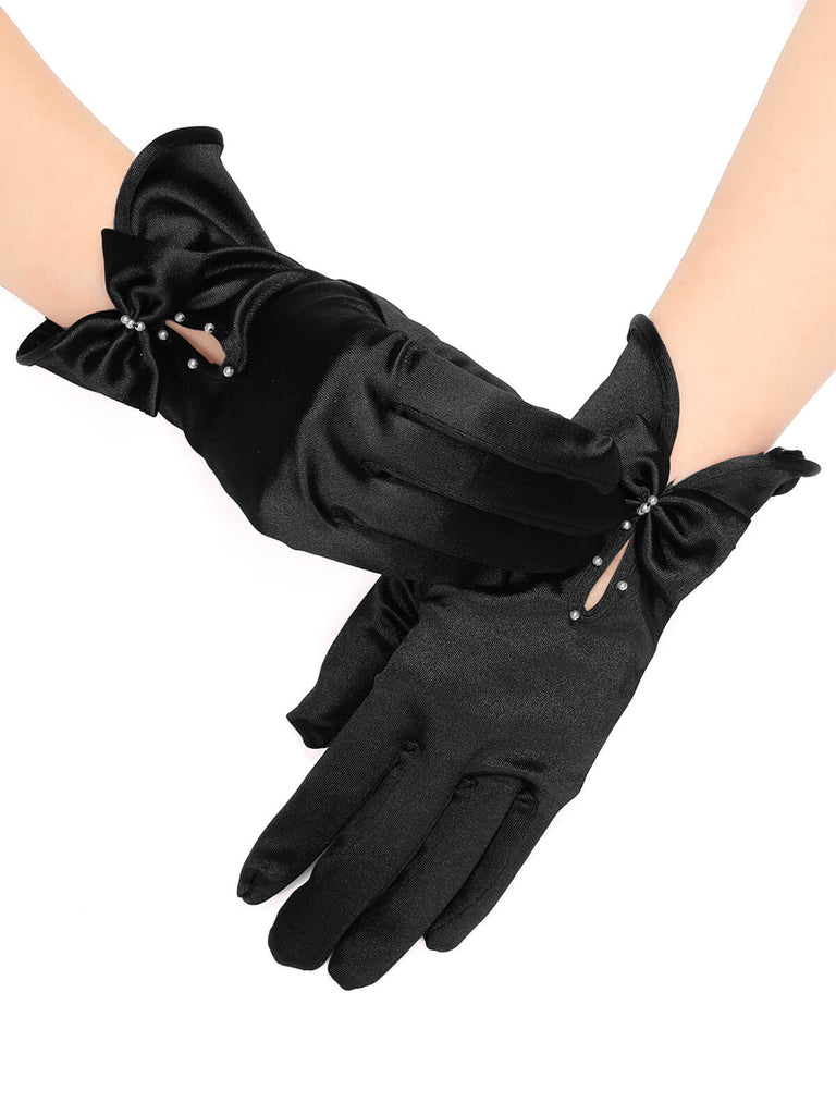 Black Pearl Bow Satin Gloves
