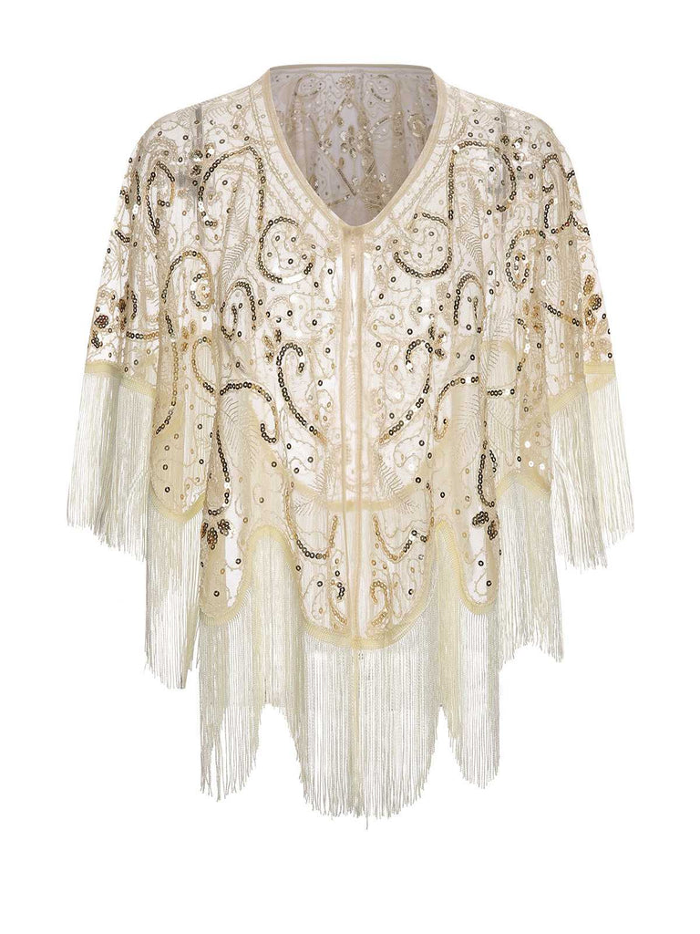 Beige 1920s Sequin Embroidered Fringed Cape