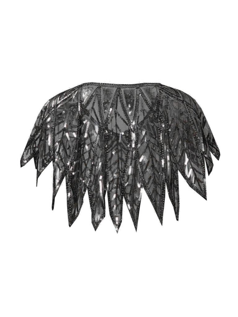 Black 1920s Leaves Sequined Mesh Cape