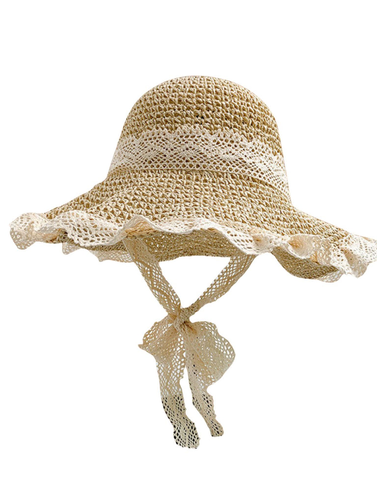 Beige Lace Woven Straw Beach Sun Hat