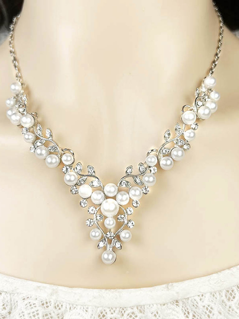White Pearl Rhinestone Leaves Necklace & Earring Set