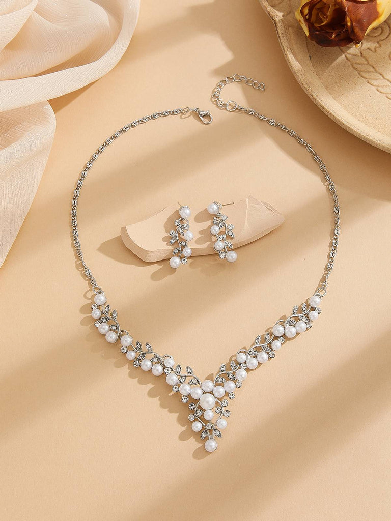 White Pearl Rhinestone Leaves Necklace & Earring Set