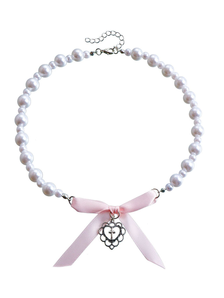 Pearl Bow Heart Cross Necklace