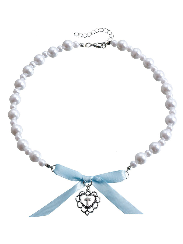 Pearl Bow Heart Cross Necklace