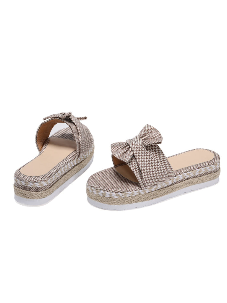 Khaki Knitted Bow Platform Beach Sandals