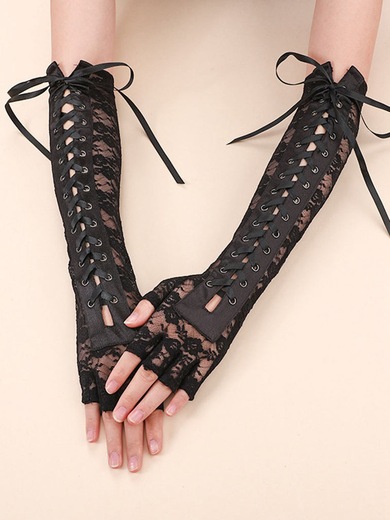 Halloween Punk Party Lace-Up Half Finger Gloves