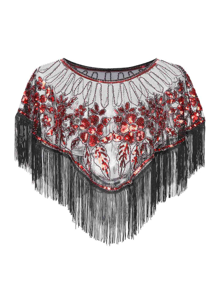 1920s Crew Neck Sequins Tassel Cape