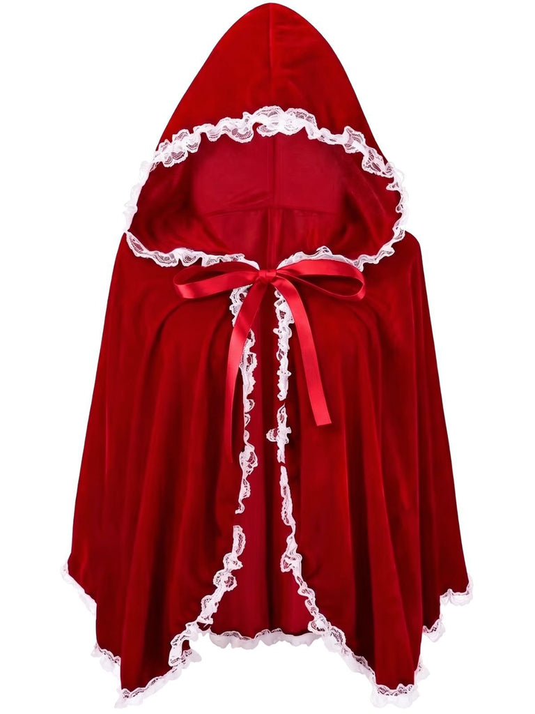 Red 1950s Halloween Lace Trim Velvet Cape