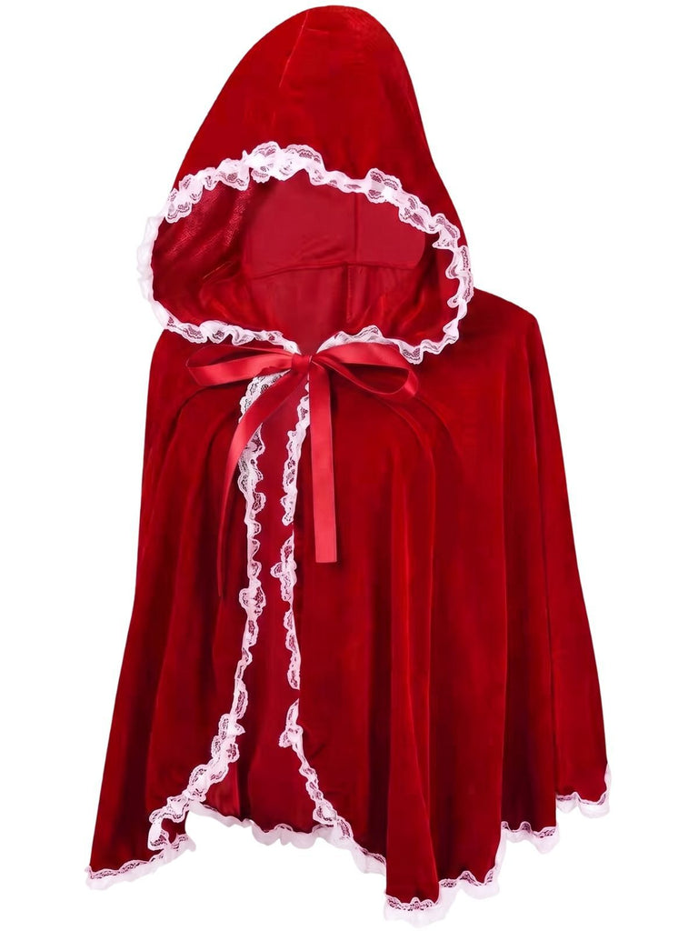 Red 1950s Halloween Lace Trim Velvet Cape