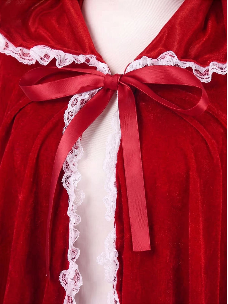 Red 1950s Halloween Lace Trim Velvet Cape