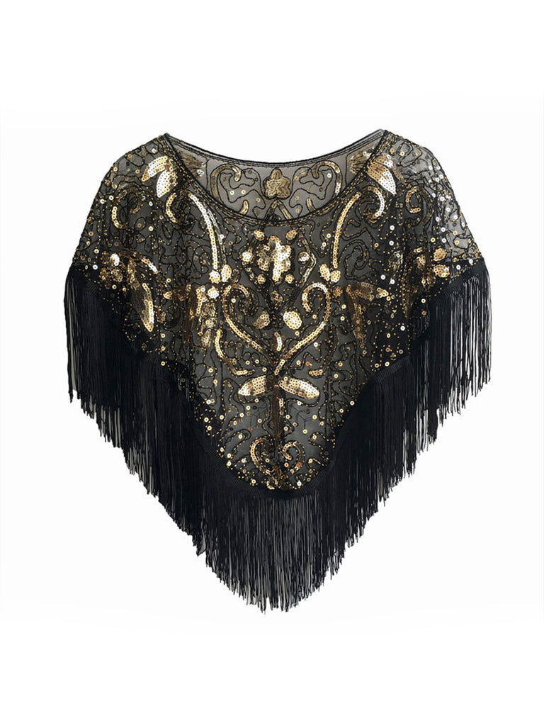 1920s Crew Neck Sequined Tassel Cape