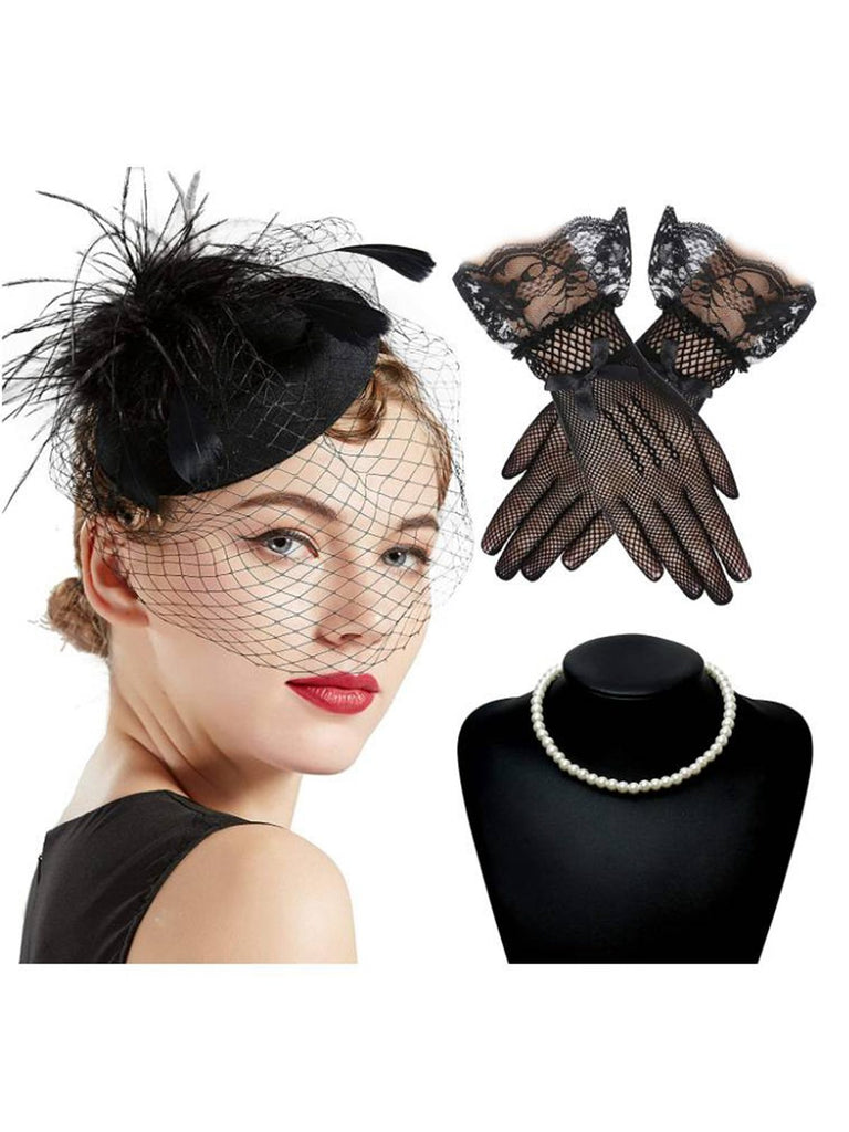 3PCS Black Feather Hat & Necklace & Lace Gloves