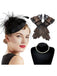 3PCS Black Feather Hat & Necklace & Lace Gloves