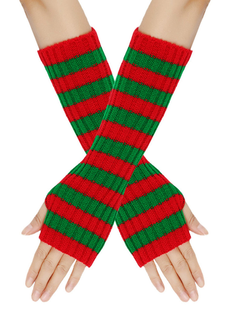 Christmas Contrast Stripe Knit Fingerless Gloves