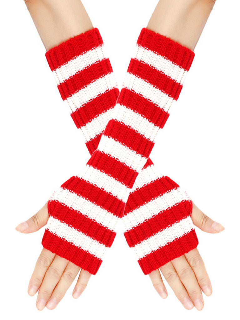 Christmas Contrast Stripe Knit Fingerless Gloves