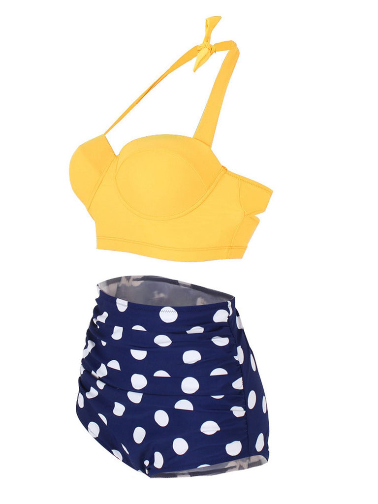 [US Warehouse] 1950s Polka Dot Halter Pleated Bikini