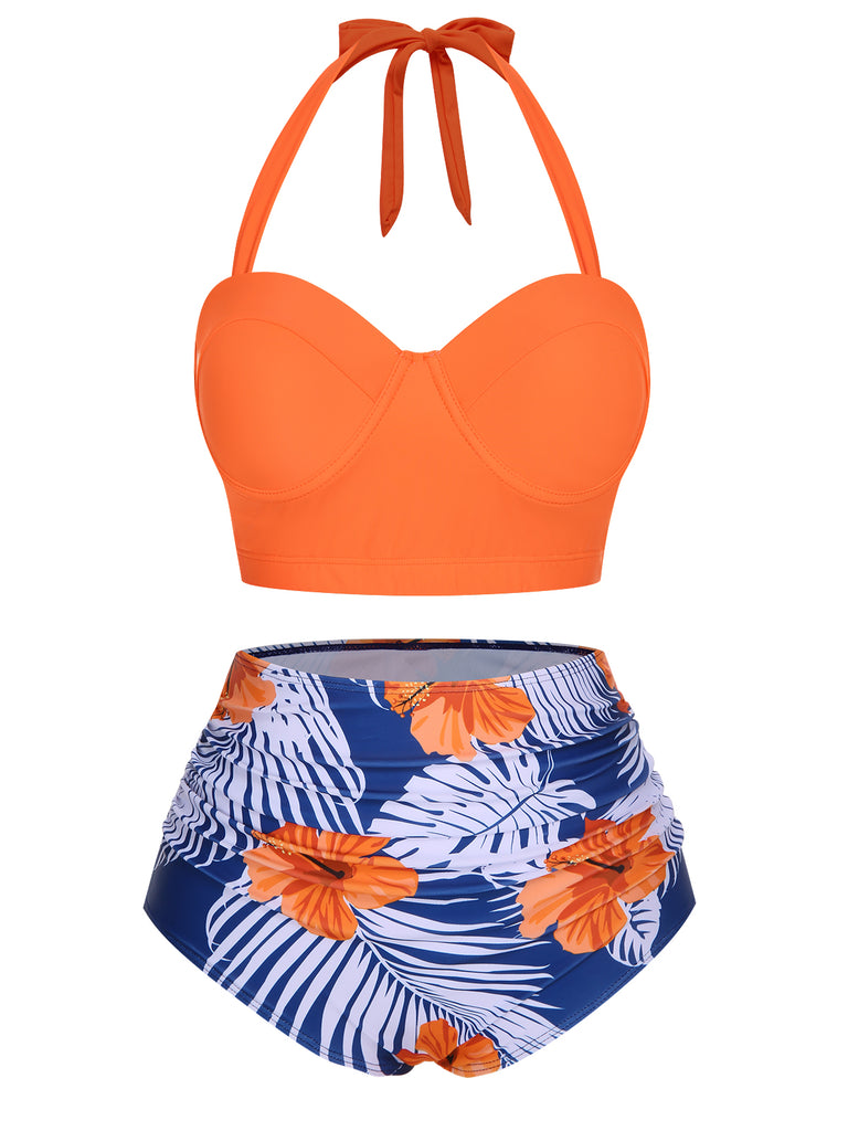 Halter Flowers Pleated Bikini Set